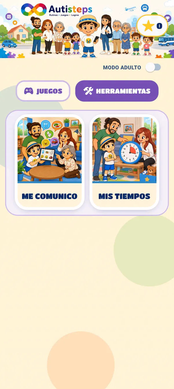 Menú principal de AutiSteps con sus secciones